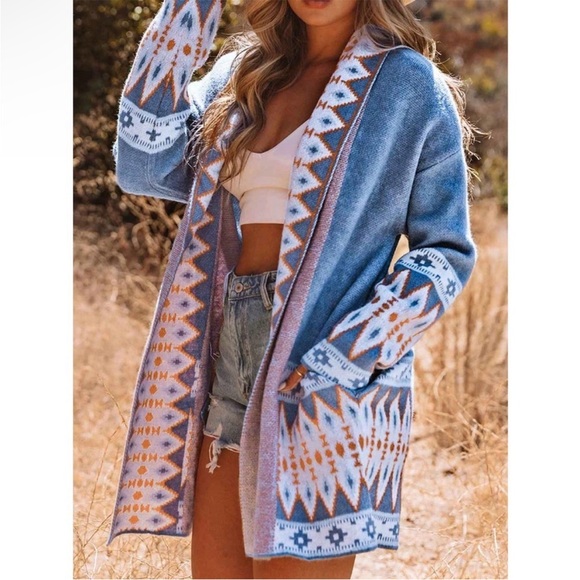 Boho Geo Print Open Front Long Turtleneck Knitted Cardigan Blue - Picture 3 of 11